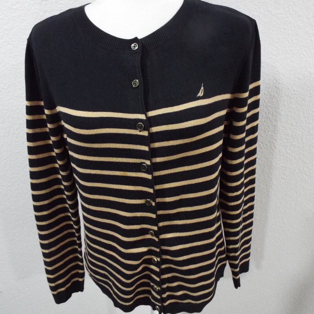 Nautica Women's Black/Tan Striped Full Button up Cardigan Neutral Classic Sz Lg